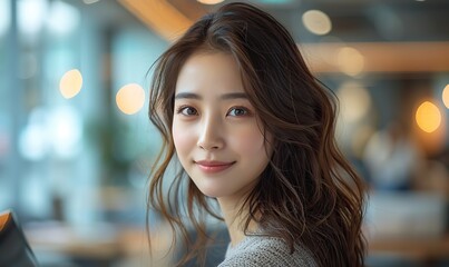 At a sleek desk, an Asian businesswoman is depicted using a laptop, symbolizing modern professionalism and technology integration.