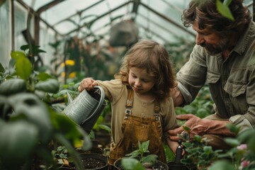 young girl with a watering can with a mentor in a greenhouse, passing of gardening knowledge between generations.
