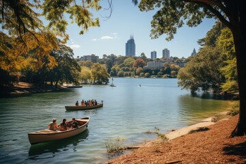 Serene lake in Piedmont Park, Atlanta, with families and boats., generative IA