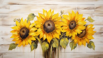 Sunflowers Oil Painting on a White Wooden Background