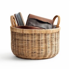Obraz premium A beautiful wicker basket with leather handles is a great way to store your belongings