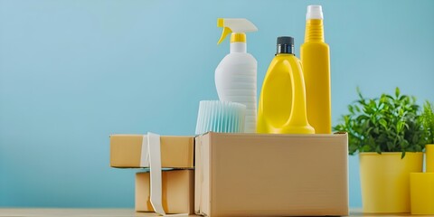 Cleaning supplies and cardboard boxes for moving into a new home. Concept Moving Supplies, New Home Essentials, Organization Tips, Cleaning Hacks