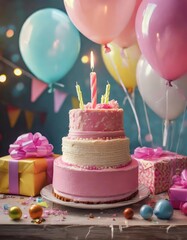 Pink layered cake with lit candles, surrounded by colorful gifts and festive balloons