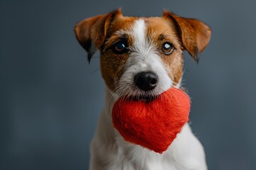 Adorable Jack Russell Terrier Holding Red Heart Shaped Plush in Mouth with Dark Grey Background, Symbolizing Love and Valentine's Day, Close-Up Pet Portrait