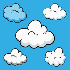 There is a collection of cartoon clouds floating in the clear blue sky