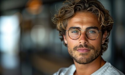 Professional portrait with glasses: young man copy space.