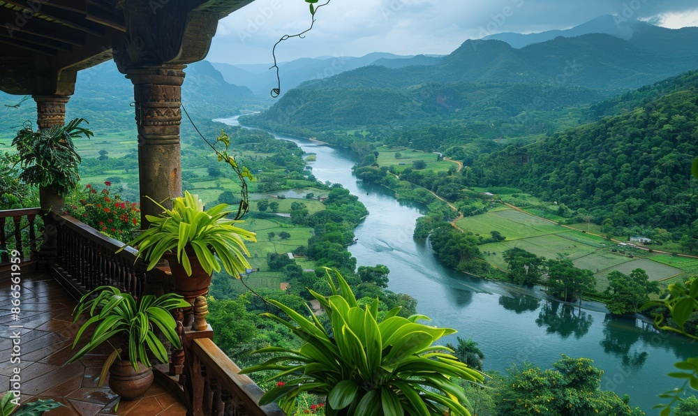 Sticker A panoramic view of a winding river through a lush valley, seen from a balcony of a highland retreat