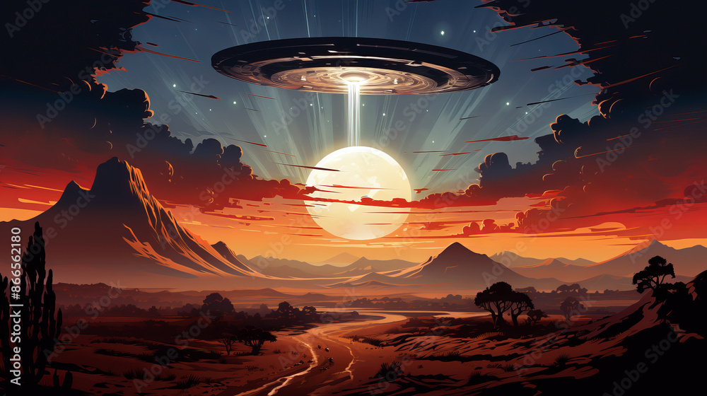 Poster an alien ufo spaceship hovering over the desert area at night.