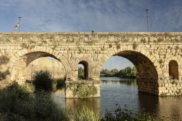 Ancient Roman Bridge Over Guadiana River in Merida, Spain