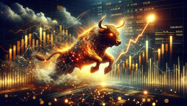 bullish trend in the stock market, with a fierce bull emerging from explosive, dynamic financial charts