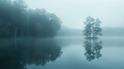 Fototapeta premium Embrace the mystique: fog-laden lake with trees reflected on its surface, capturing the enchanting allure of misty mornings