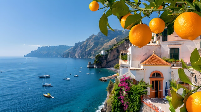 Amalfi Coast with lemons, Mediterranean sea view