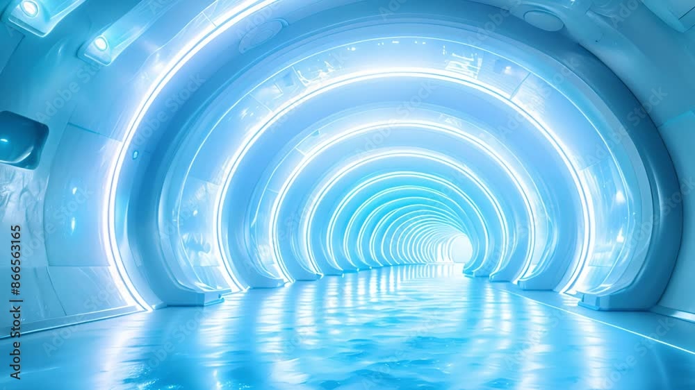 Poster A 3D rendering of a futuristic tunnel with circular lighting, creating a sense of depth and perspective. The light reflects off the smooth surface, casting a blue glow throughout the space.
