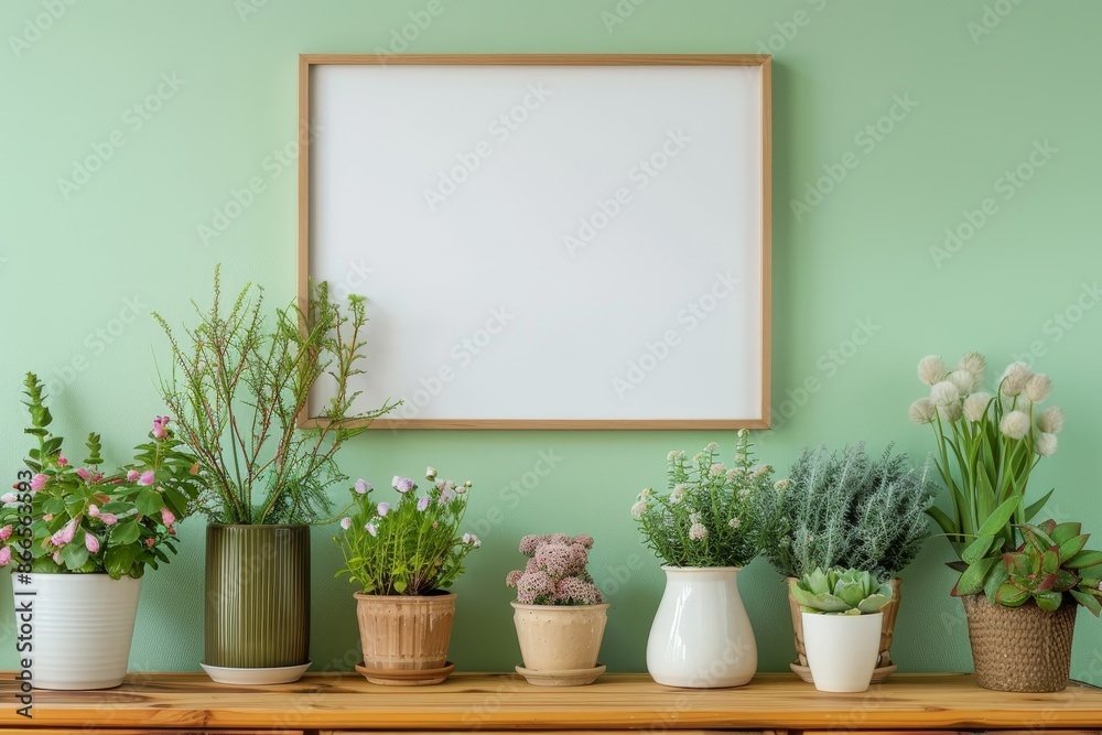 Wall mural Mock up photo frame on brown wooden table with beautiful plant in white hipster pot. Grey walls. Stylish and floral concept of mock up poster frame.