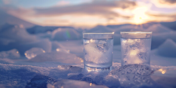 Two frozen shots of vodka surrounded by ice and snow.
