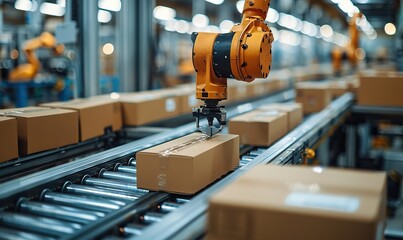 Producing and maintaining logistics systems, the robotic arm is used for packing, symbolizing efficiency and automation in operations.