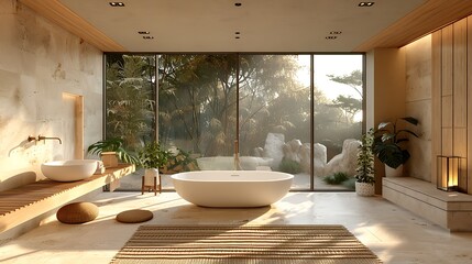 Fototapeta premium Elegant modern bathroom with a white bathtub, large windows, and natural stone walls. The design allows natural light to create a peaceful, zen-like ambiance, emphasizing minimalist style 