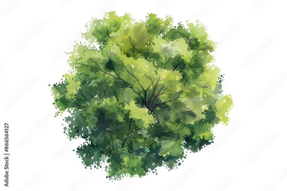 Fototapete vector drawing of isolated watercolor tree viewed from above on white background for designing lands