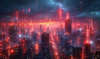 Naklejka premium Futuristic cityscape bathed in neon lights, no names or depictions of events, science and technology background.