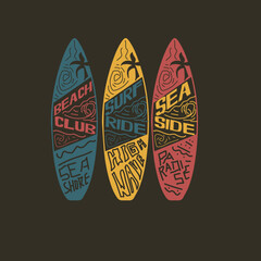 Surf ride beach club seaside surf board typography poster design