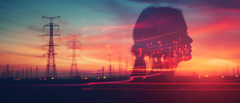 Analyzing energy consumption, close up, focus on, vibrant colors, double exposure silhouette with power lines