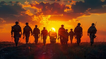 Group of soldiers walking towards sunset