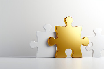 gold puzzle piece, A wide banner featuring three puzzle pieces one striking golden piece positioned prominently alongside two sleek white pieces, all set against a clean white background