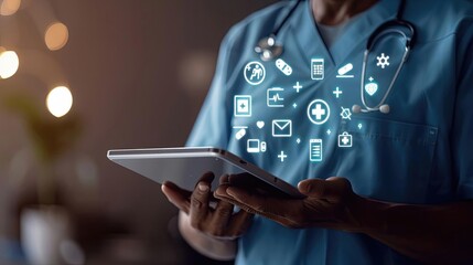 Healthcare provider with futuristic tablet projecting medical icons, telemedicine, digital healthcare