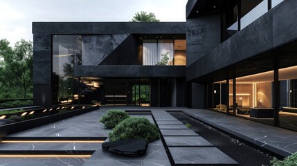 A stunning black modern luxury house exterior, featuring black matte finishes on angular walls, complemented by dark tinted windows and elegant black stone pathways.