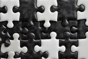 Fototapeta premium white puzzle on black, A wide banner featuring three rows of jigsaw puzzle pieces arranged in alternating black and white colors