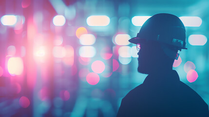 Industrial worker in a factory, close up, focus on, vibrant colors, double exposure silhouette with machinery