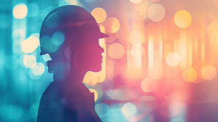 Industrial worker in a factory, close up, focus on, vibrant colors, double exposure silhouette with machinery