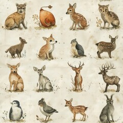watercolor Vintage Animal Illustrations on rustic vintage background, minimal pattern, high contrasty