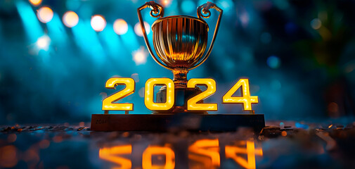 A golden trophy celebrating achievement in year 2024. Celebration concept with golden trophy and 2024 numerals.