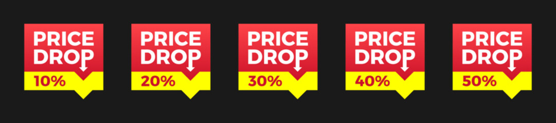 Price drop sale sticker set. 10, 20, 30, 40, 50 percent. Red and yellow