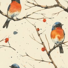 watercolor Vintage Bird Illustrations on rustic vintage background, minimal pattern, high contrasty 