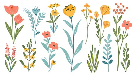 Collection of spring colorful flower elements vector. Set floral of wildflower, leaf branch, foliage on white background. Hand drawn blossom illustration for decor, easter. Generative Ai