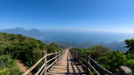 Scenic mountain boardwalk overlooking coastal landscape