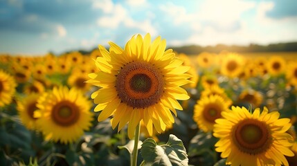 Fototapeta premium Vibrant Sunflower Field Under Bright Cloudy Sky in Idyllic Countryside Landscape