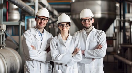 Industrial team of experts collaborating on development and production in factory plant