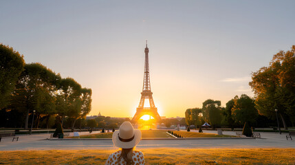 Eiffel Tower Sunrise View with Tourist in Paris