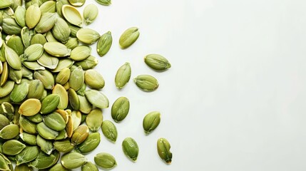 Green pumpkin seeds without shells on white background Concept of nutritious food Top view Room for text
