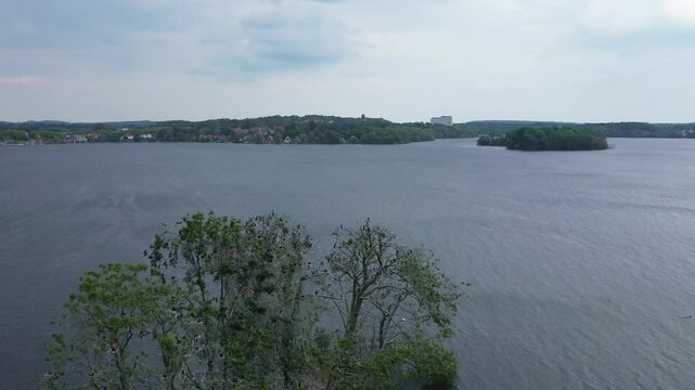 Drone view of a small island overpopulated by cormorants and covered with faeces in a lake near Ploen.