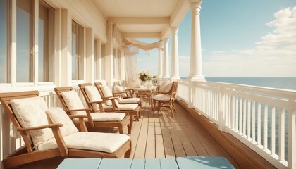 Rustic wooden terrace with a white picket fence, decorated with wood and white fabric patio furniture, under a clear blue sky with fluffy white clouds.

