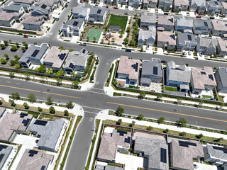 Aerial view of middle class community identical condominium houses, Lake Forest, South California, USA.