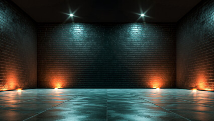 Interior with brick walls illuminated with cold and warm lights. 3d rendering © vizinspiration