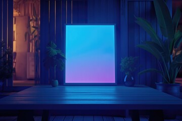 Gallery room interior with drawer table and decorative mockup frame with green plants and play of light in dark neon lights premises