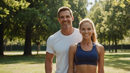 Obraz premium Couple in Athletic Wear Walking Through Park on Sunny Day