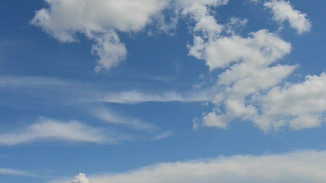 Time lapse, a white cumulus cloud dissolves in the blue sky, disappears