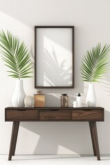 Gallery room interior with drawer table and decorative mockup frame with green plants and play of light